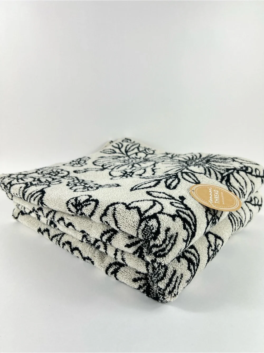 Common Thread Bath Towel Set Luxury Cream Black Floral Soft Cotton 2 Pc NEW